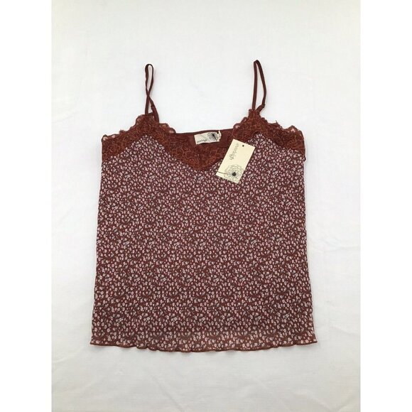 Everleigh Womens Small Brown Crinkle Floral Lace Trim Camisole Tank Top - Picture 1 of 4